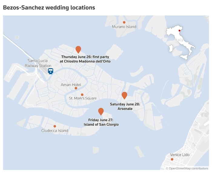 Mapping showing locations of Bezos and Sanchezs wedding festivities in Venice, Italy. β Reuters