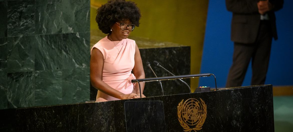 Jordan Sanchez, a young poet, speaks at the General Assembly during the commemoration of the 80th anniversary of the signing of the UN Charter.