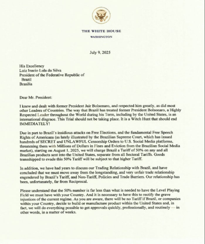 US President Donald Trumps letter issued on Social Truth.