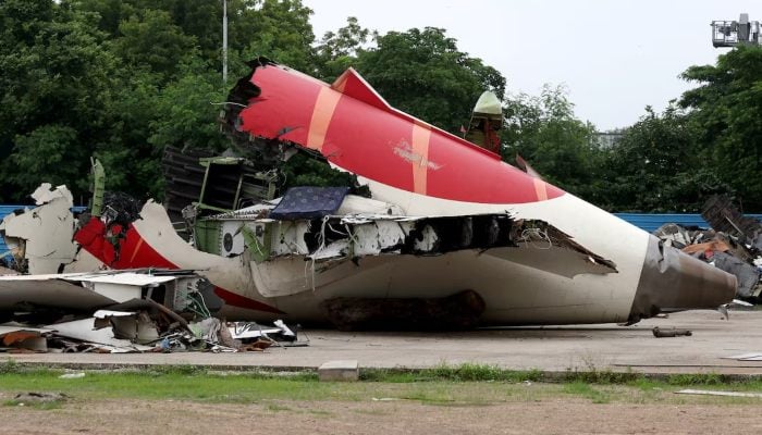 Wreckage of the Air India Boeing 787-8 Dreamliner plane sits on the open ground, outside Sardar Vallabhbhai Patel International Airport, where it took off and crashed nearby shortly afterwards, in Ahmedabad, India July 12, 2025. — Reuters