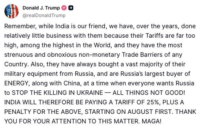 Trump says imposing 25% tariff on Indian imports