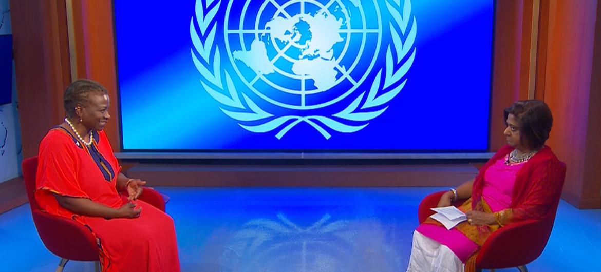 Dr. Natalia Kanem, head of the United Nations Population Fund (left) talks to UN News and Media Deputy Director Mita Hosali.