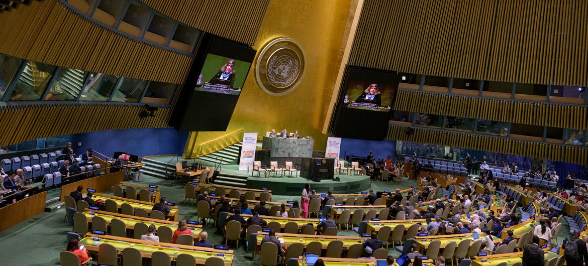 A wide view of the opening of the 2023 High-Level Political Forum on Sustainable Development convened under the auspices of the Economic and Social Council (ECOSOC), held in the General Assembly Hall.