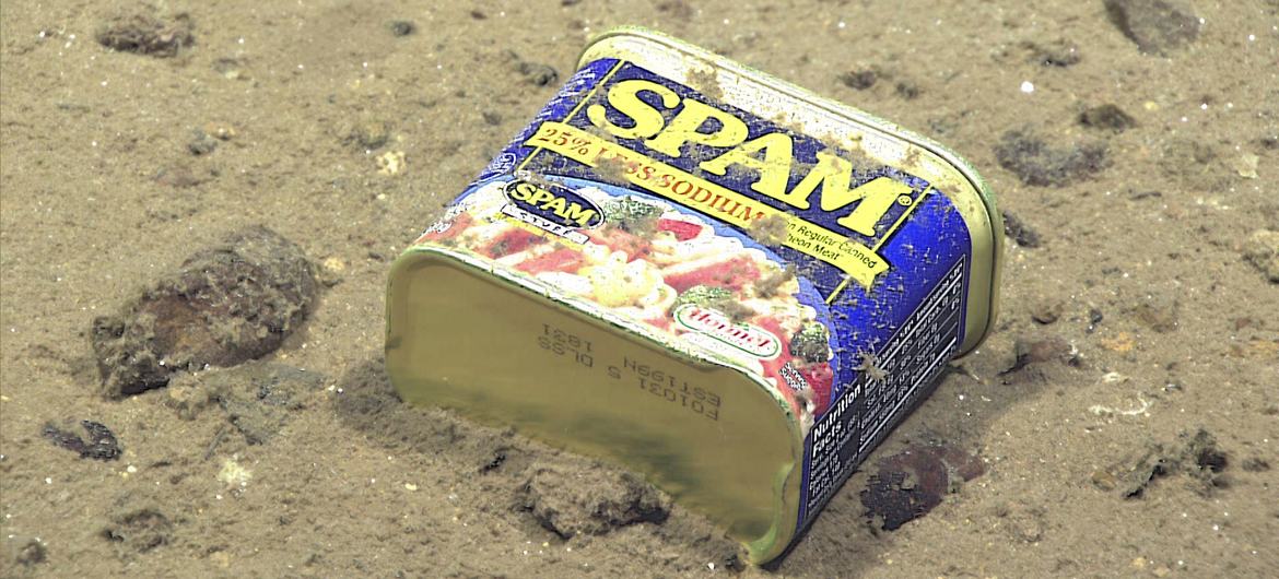 A food container seen resting at 4,947m on the slopes of an underwater canyon near the North Marianas Islands in the Pacific Ocean.
