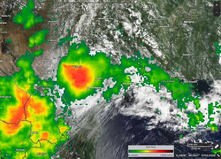 1-day precipitation totals from NASA’s IMERG multi-satellite precipitation product show heavy rainfall over central Texas on July 4, 2025.