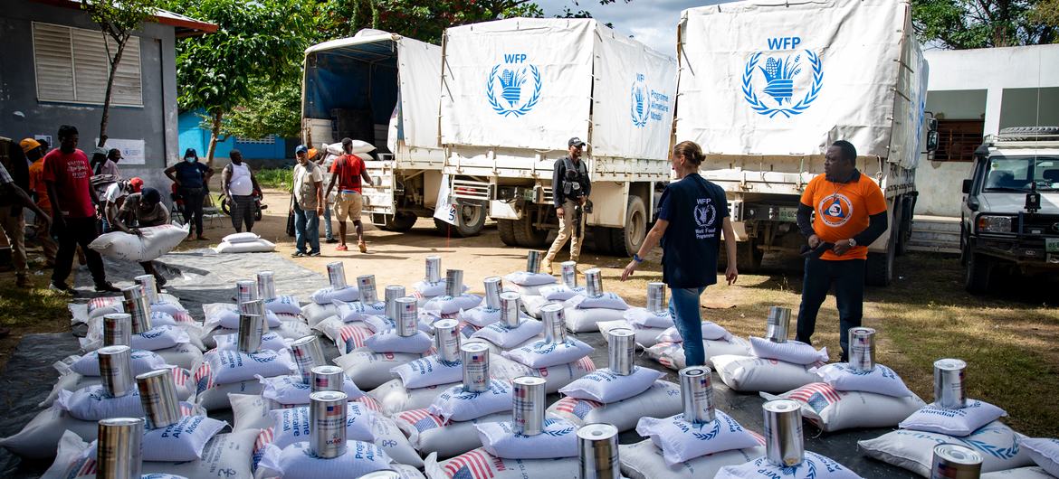 US food aid is prepared for delivery following floods in Haiti in 2022.
