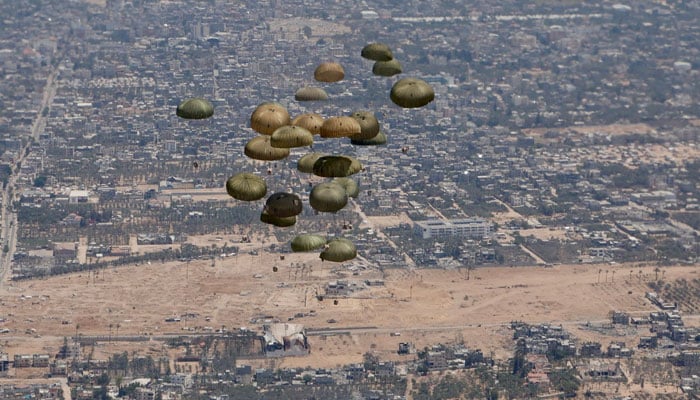 Humanitarian aid is dropped over the Gaza Strip from a Spanish aircraft, August 1, 2025, in this screengrab from video. — Reuters
