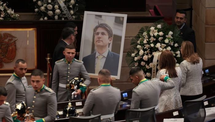 An image of Senator Miguel Uribe Turbay, who was shot in the head at a campaign event on June 7, ahead of the arrival of his coffin at Colombias Congress, where a tribute will be held, in Bogota, Colombia, August 11, 2025. — Reuters