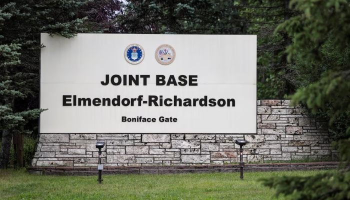 A sign sits at Joint Base Elmendorf-Richardson is seen ahead of a planned meeting between US President Donald Trump and Russian President Vladimir Putin to discuss the war in Ukraine, in Anchorage, Alaska, US, August 13, 2025. — Reuters
