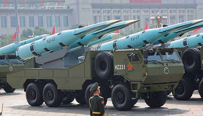 Members of the Peoples Liberation Army stand as YJ-17 hypersonic anti-ship missiles are displayed during a military parade to mark the 80th anniversary of the end of World War Two, in Beijing, China, September 3, 2025. — Reuters