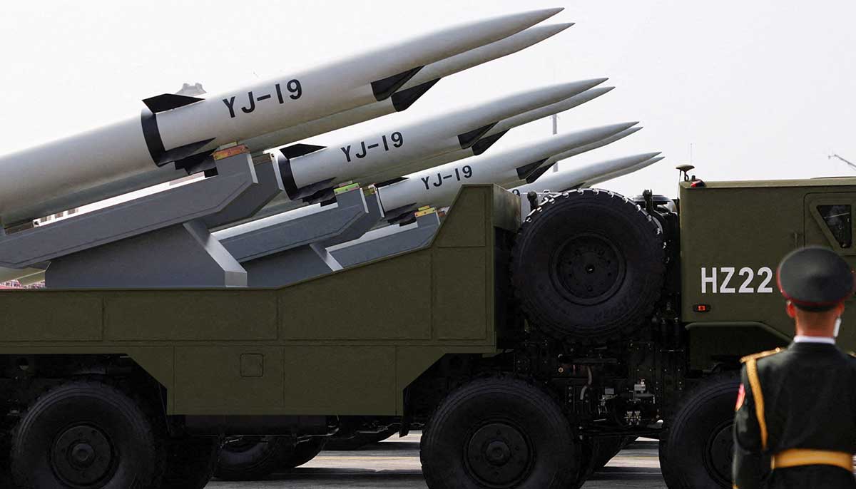 A member of the Peoples Liberation Army stands as the maritime operations group displays YJ-19 hypersonic anti-ship missiles during a military parade to mark the 80th anniversary of the end of World War II, in Beijing, China, September 3, 2025. — Reuters
