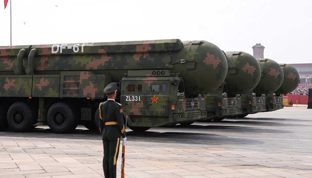 A member of the Peoples Liberation Army stands as the strategic strike group displays DF-61 nuclear missiles during a military parade to mark the 80th anniversary of the end of World War II, in Beijing, China, September 3, 2025. — Reuters