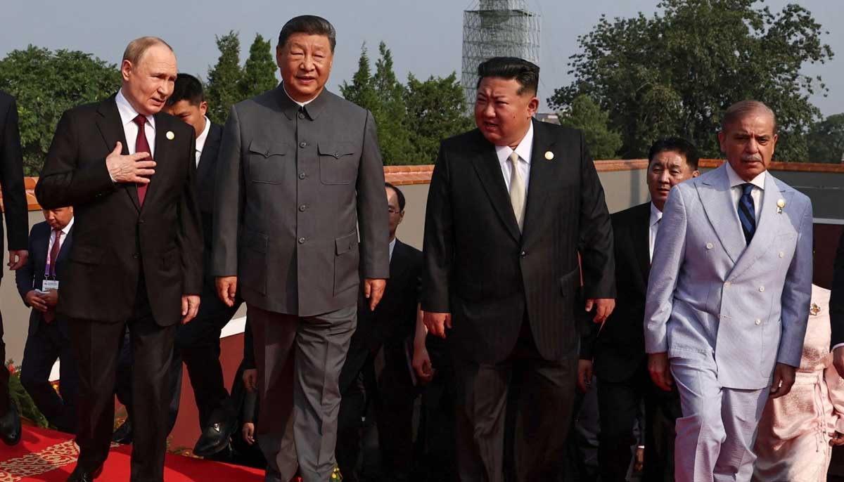 PM Shehbaz Sharif (second left) pictured with Chinese President Xi Jinping and Russias Valadimir Putin (second right)Russia´s President Vladimir Putin walks with China´s President Xi Jinping (third right),during a military parade in Beijings Tiananmen Square on September 3, 2025. — AFP