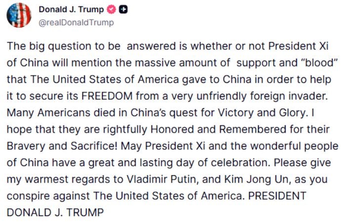 US President Donald Trumps post on social media platform Truth Social on September 3, 2025. — Truth Social/@realDonaldTrump