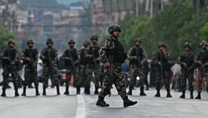 Nepal soldiers lining up in Kathmandu, Nepal, on September 12. — AFP