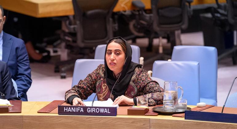 Hanifa Girowal briefs the Security Council meeting on the situation in Afghanistan.