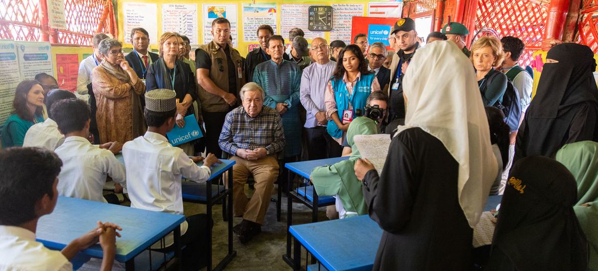 UN Secretary-General António Guterres meets Rohingya refugee students at a camp in Cox's Bazar, Bangladesh. (March 2025)