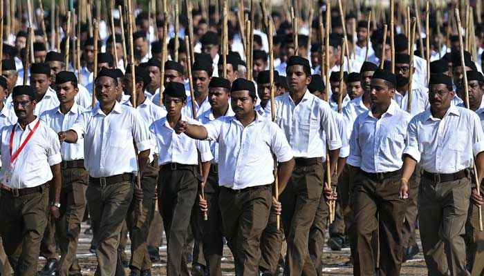 Rashtriya Swayamsevak Sangh (RSS) volunteers take part in the Hindu nationalist organisation´s centenary celebrations at Reshimbagh Ground in Nagpur on October 2, 2025. — AFP