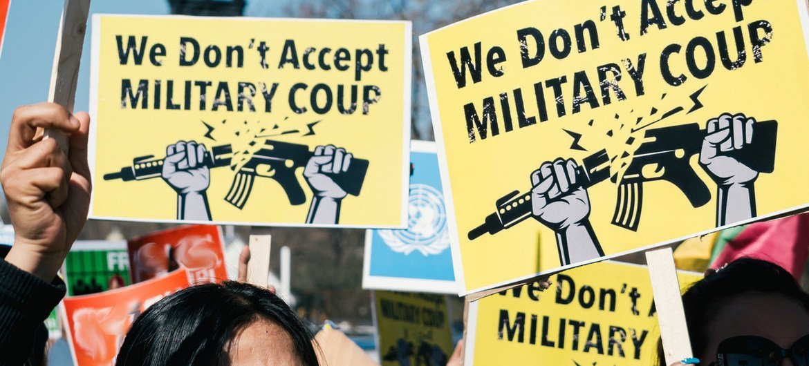 A demonstration against Myanmar's military coup takes place n Washington, DC, United States. (2021 photograph)