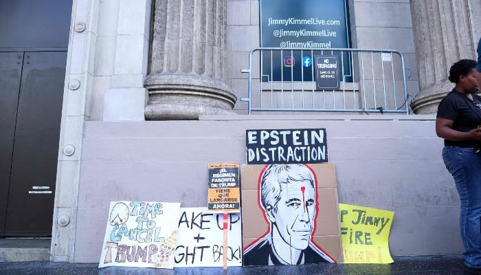 A protest sign featuring an image of convicted US sex offender Jeffrey Epstein is seen outside the Jimmy Kimmel Live! show in Hollywood, California, US, on September 23, 2025. — AFP