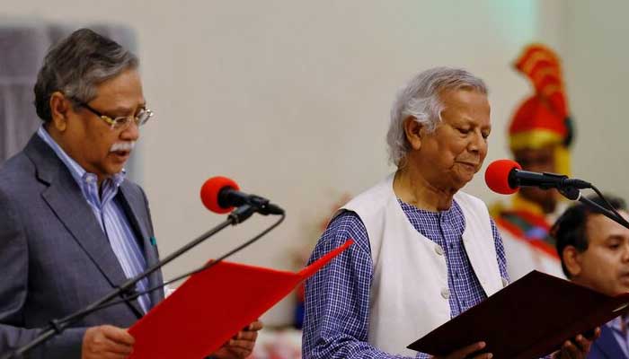 Bangladeshi President Mohammed Shahabuddin administers oath-taking ceremony of Nobel laureate Muhammad Yunus as the country?s head of the interim government in Bangladesh at the Bangabhaban, in Dhaka, Bangladesh, August 8, 2024. — Reuters