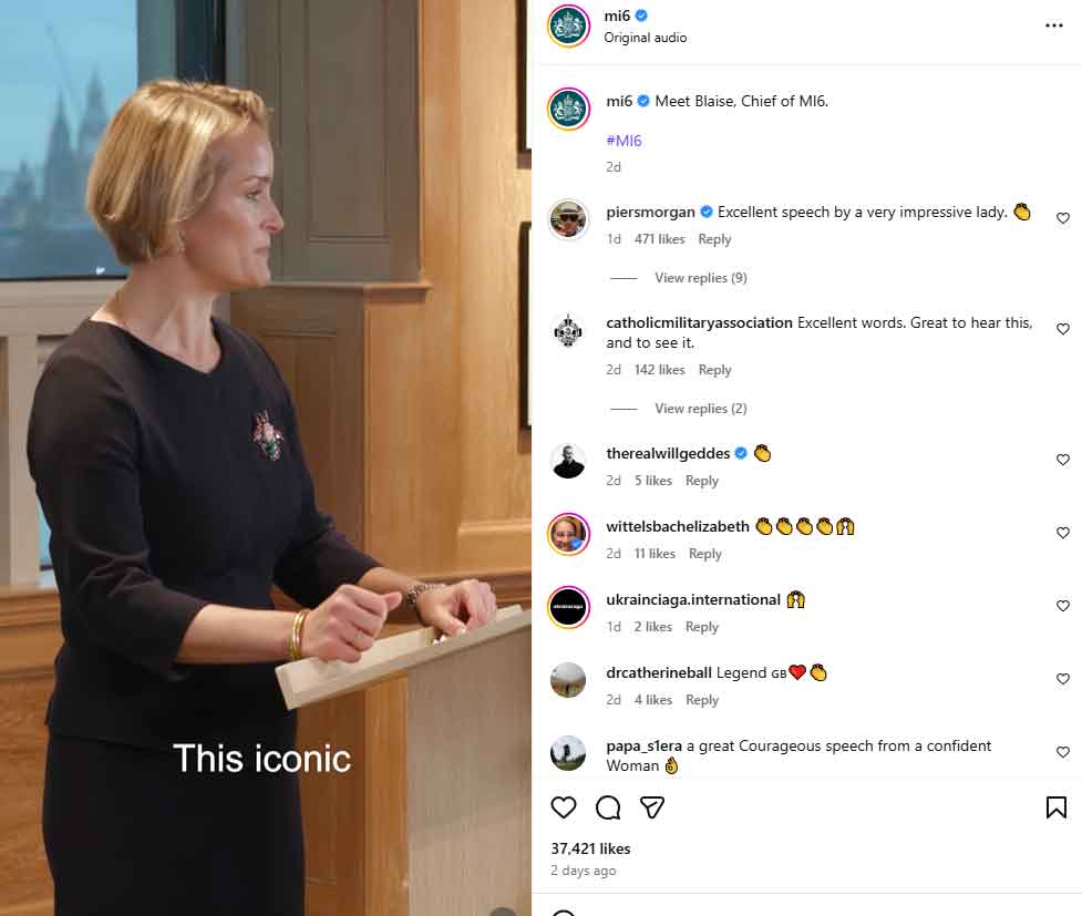 Piers Morgan calls MI6 chief impressive lady as she mentions movies in excellent speech