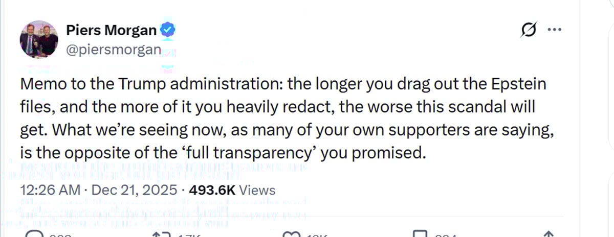 Piers Morgan sends memo to Trump administration regarding Jeffrey Epstein files