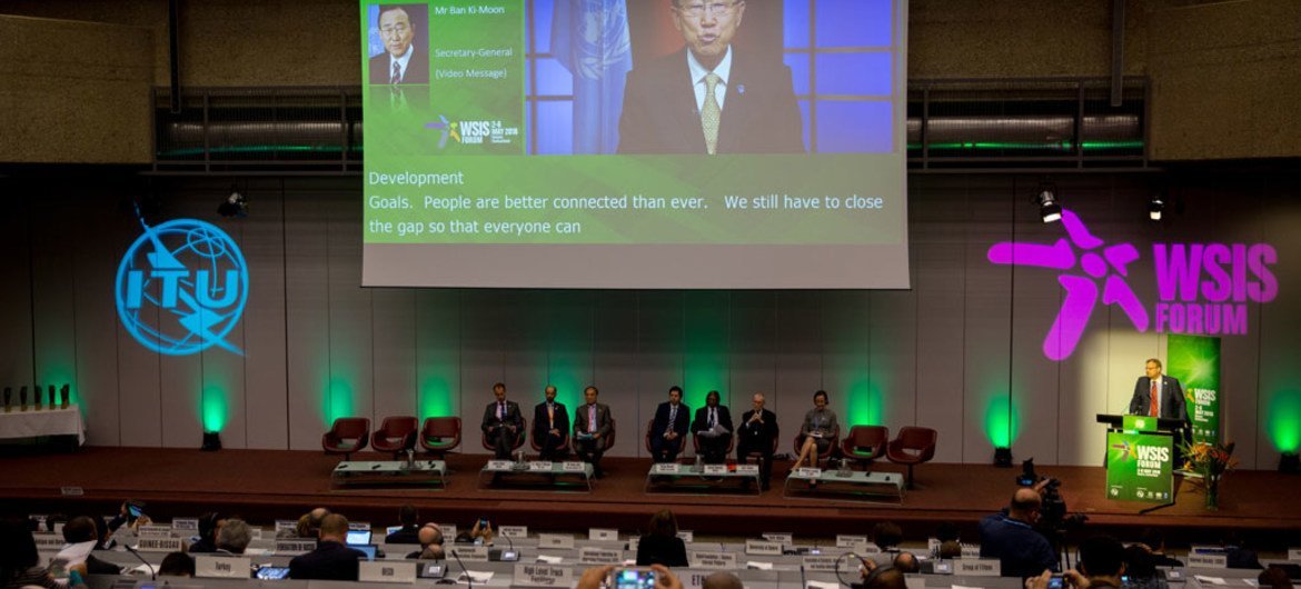 Secretary-General Ban Ki-moon (on screen), delivers video message to the opening of the annual UN World Summit on the Information Society (WSIS) in Geneva. Photo: ITU/I. Wood