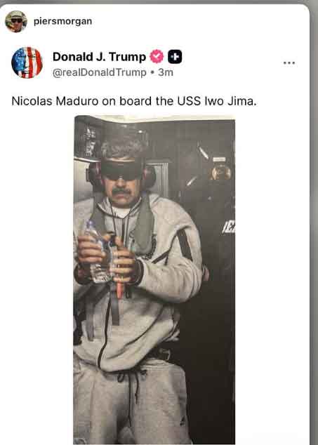 Trump releases photo of Nicolas Maduro in US custody after Venezuela strikes