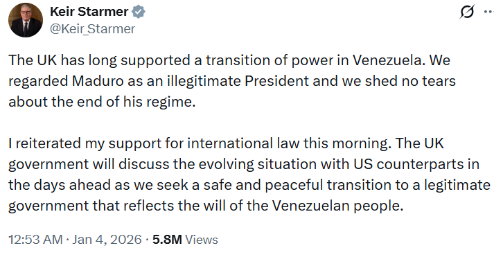 ‘We shed no tears’: Keir Starmer calls for peaceful transition following US capture of Maduro