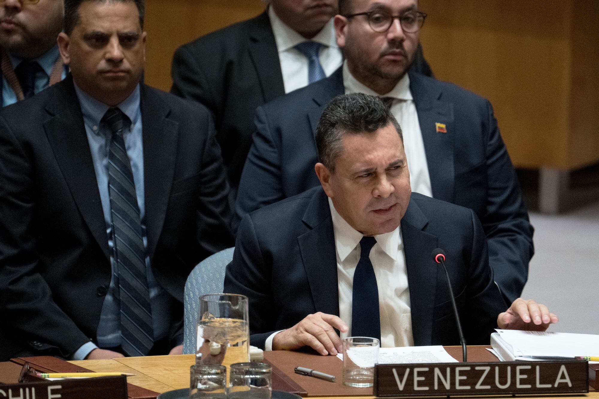Venezuelan Ambassador Samuel Moncada addresses the Security Council meeting.