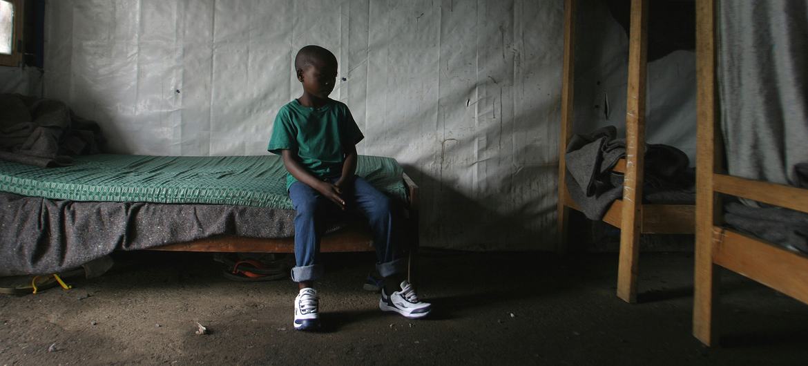 An eleven-year-old boy sits in the dormitory of a reintegration centre for recently demobilized child soldiers in Goma, DR Congo. (file)
