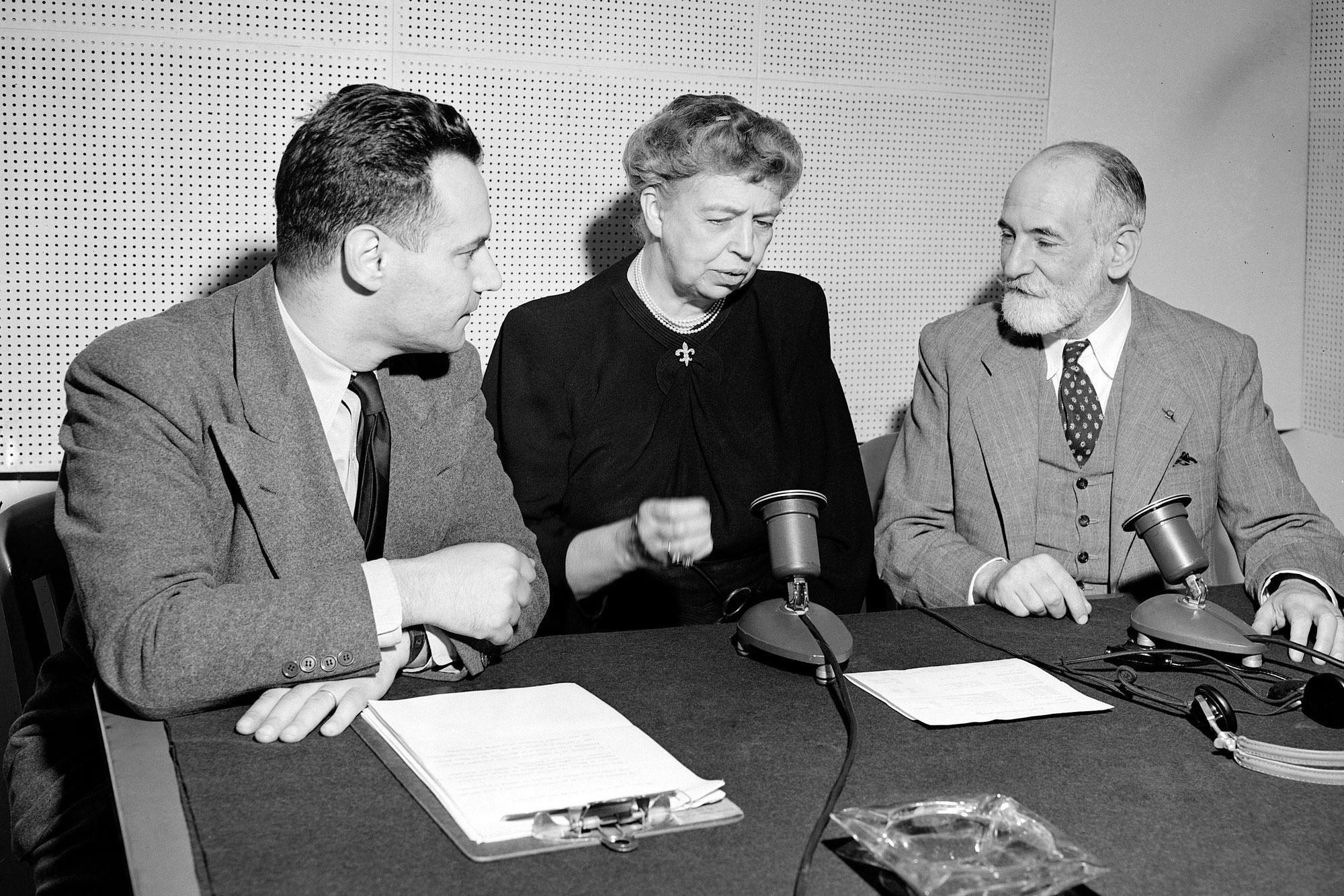Eleanor Roosevelt (centre) joins a UN Radio discussion on the International Bill of Rights.