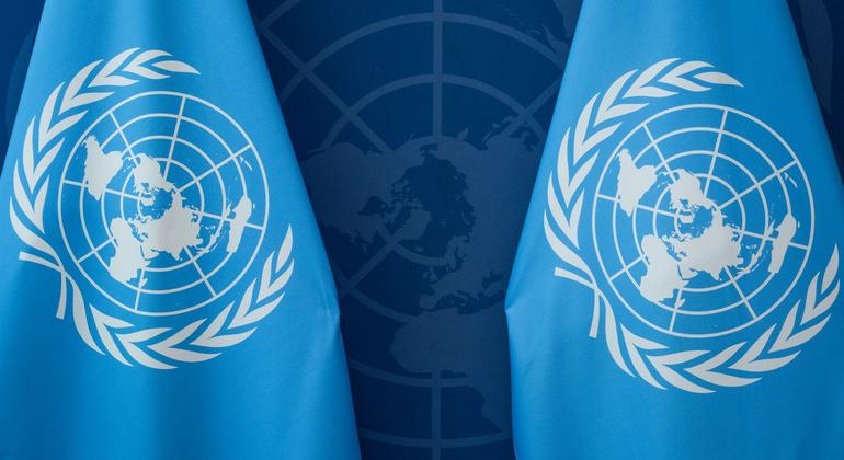 Two United Nations flags in front of a UN emblem on the wall behind.