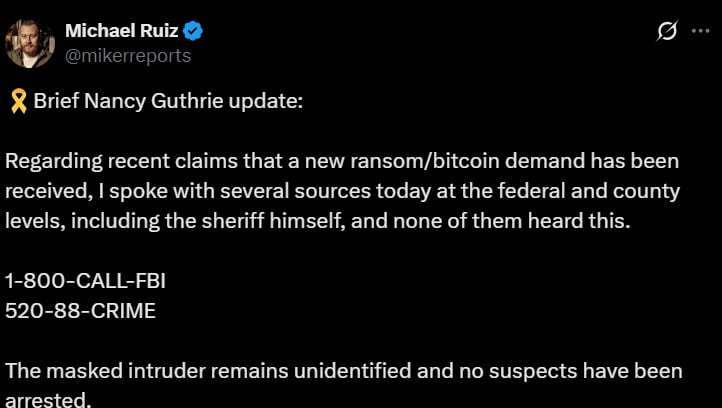 Nancy Guthrie update: Officials speak out on new Bitcoin ransom demand